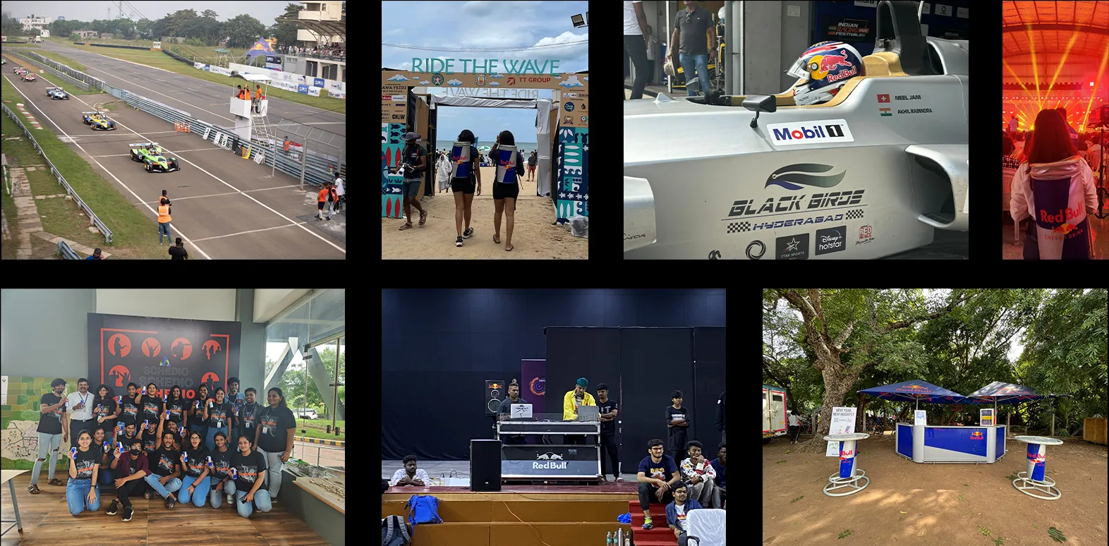 Red Bull presence at racing, surf, motorsport and concert stages